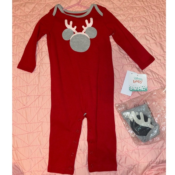 Disney One Pieces Disney Baby Christmas Red Onesie Pajamas With Hat